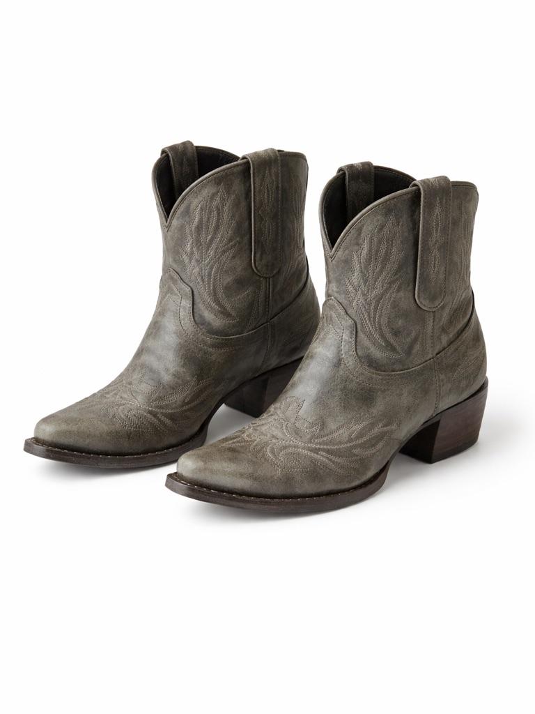 Lane Lexington Gray Embroidered Western Ankle Booties Snip Toe Leather